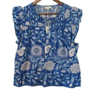 Peasant Blouse Jennifer & Grace NWT Blue Floral Ruffle Sleeveless 100% Cotton XL